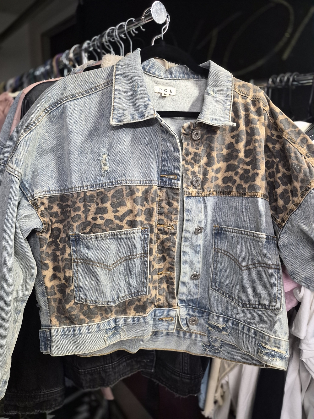 POL Denim Cropped Distressed jacket with Leopard Print Patchwork
